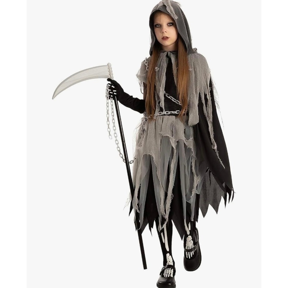 NEW Girls XL Grim Reaper Costume Halloween‎ Skeleton Scythe Hooded